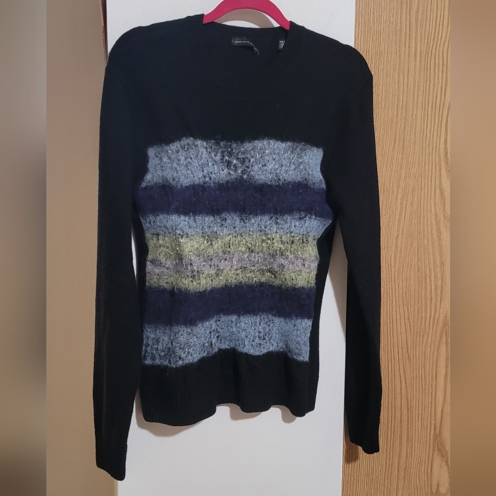 Saks Fifth Avenue Black Crewneck Sweater with Gray, Navy & Olive Stripes